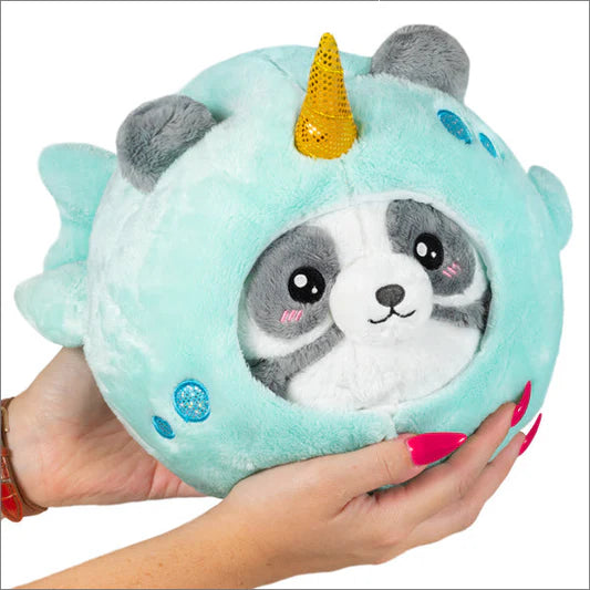 Undercover Panda in Narwhal: round plush panda costume as blue narwhal with yellow horn, held by a person.
