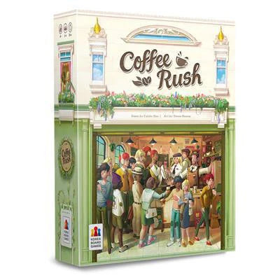 Coffee Rush The Base Game box featuring a coffee shop scene with customers and a barista serving drinks.