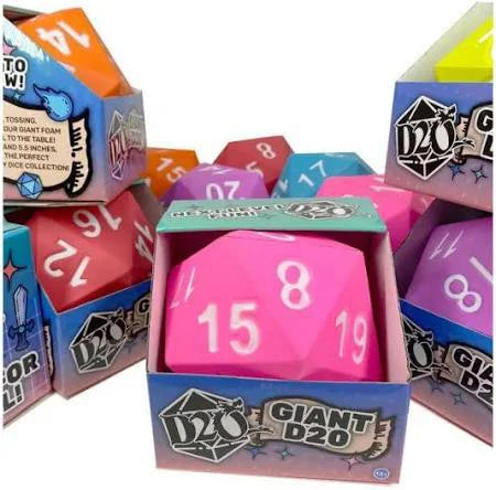 Large, colorful foam D20 dice with visible numbers in boxes.