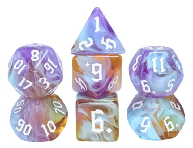Amethyst Sunset RPG Dice Set with colorful polyhedral dice and white numbers.