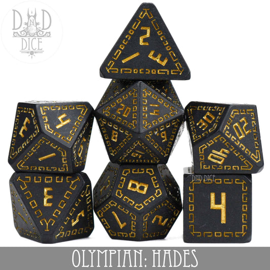 Olympian: Hades 7-piece black polyhedral resin dice set with gold numbers.