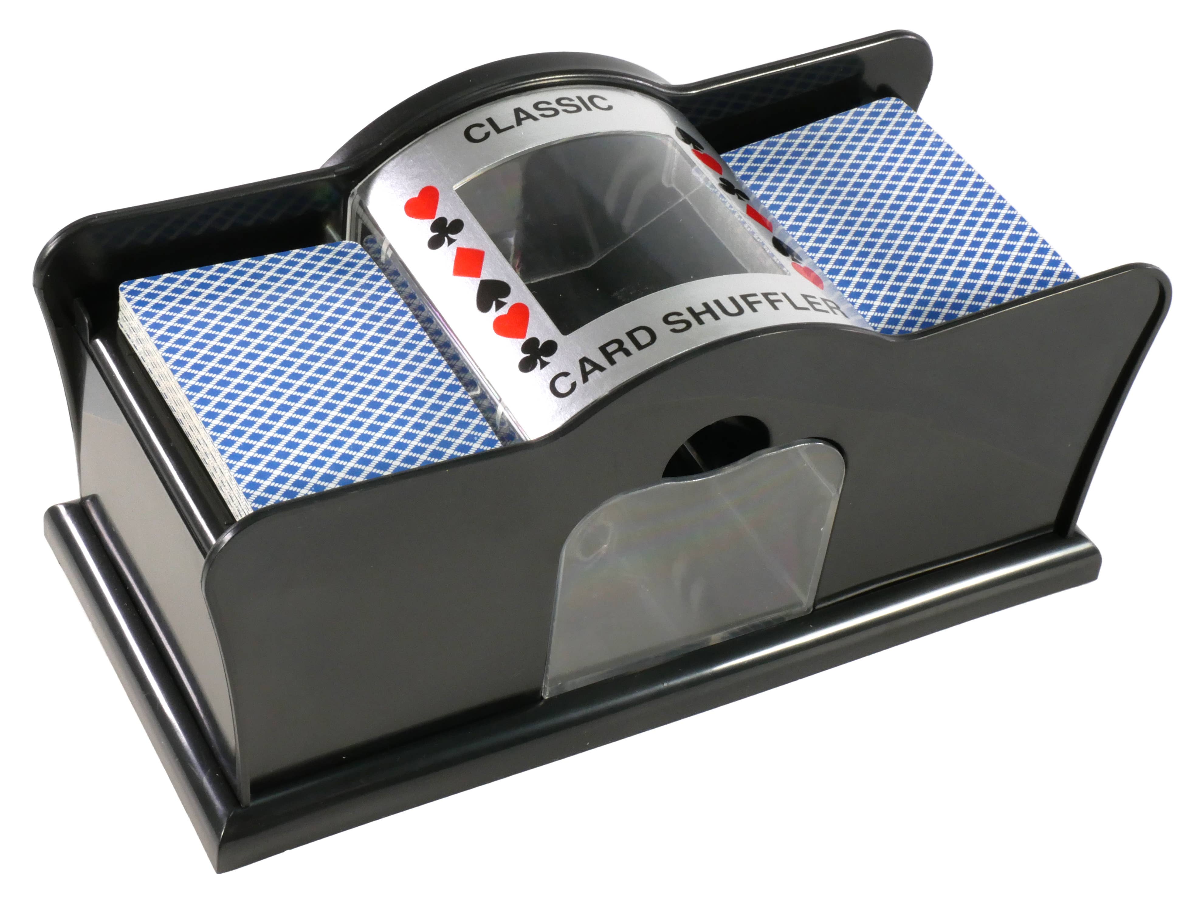 Black manual card shuffler holding two decks of blue-backed cards.