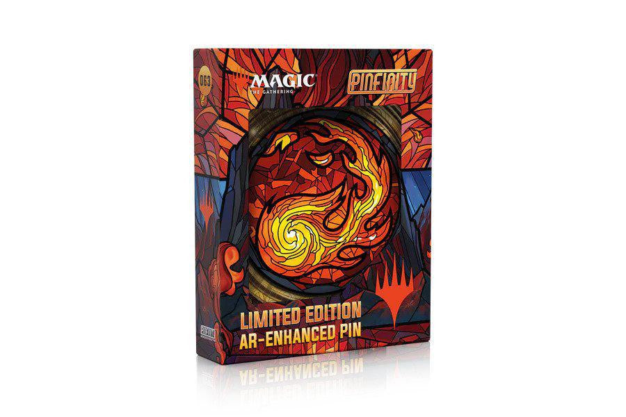 Magic the Gathering Stained Glass Mountains AR Pin in box with fiery stained glass design.