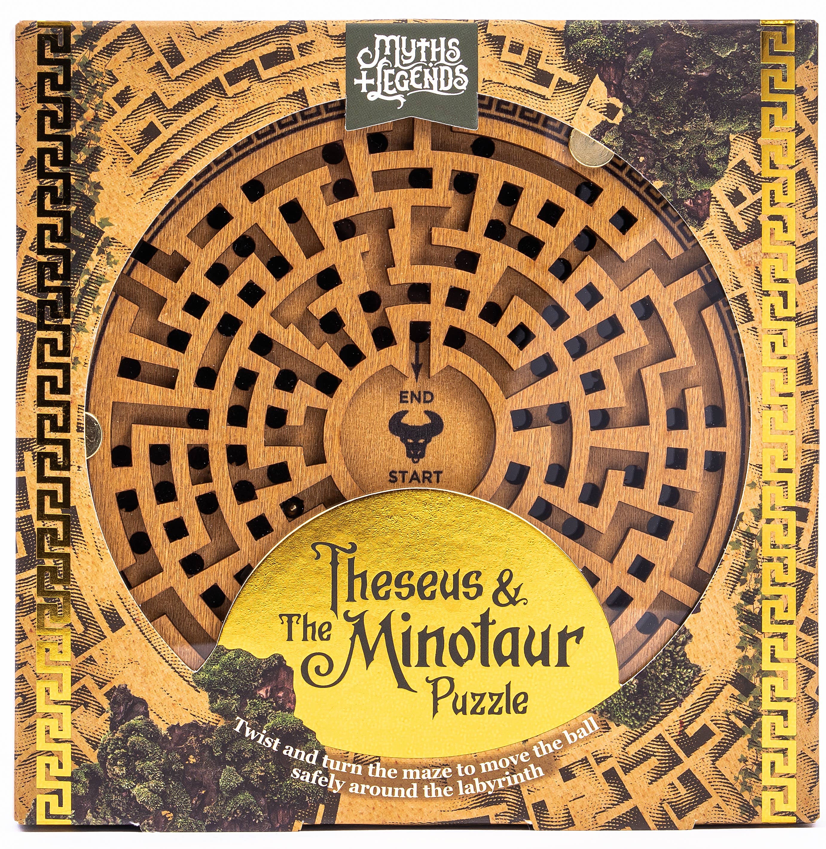 Theseus and the Minotaur circular wooden labyrinth puzzle with bull icon and Start/End labels.