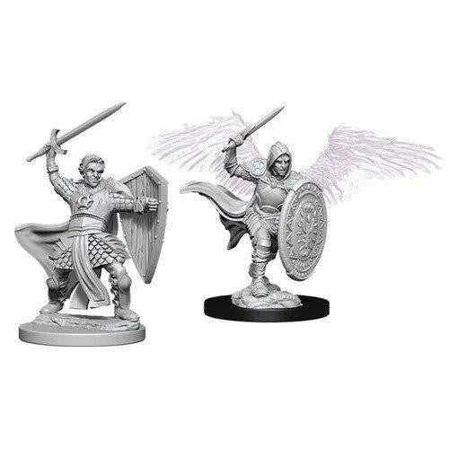 D&D NMU Aasimar Male Paladin W5 unpainted minis, both with sword and shield; one features wings.