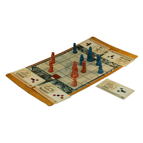 Onitama board game with red and blue pieces and cards on a checkered board.