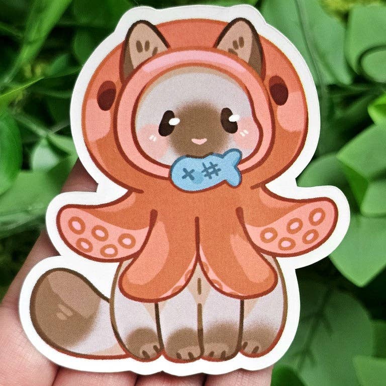 Cats in Sea Creature Costumes Stickers: cartoon cat in orange octopus costume with blue fish.