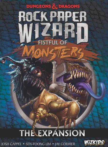D&D: Rock Paper Wizard Fistful of Monsters Expansion cover featuring a monster, treasure pile, and jagged purple teeth.