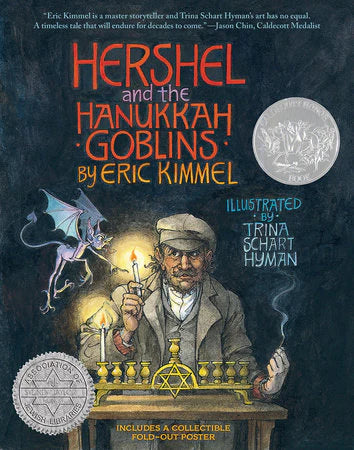 Hershel and the Hanukkah Goblins book cover, Gift Edition With Poster, shows goblins near a menorah.
