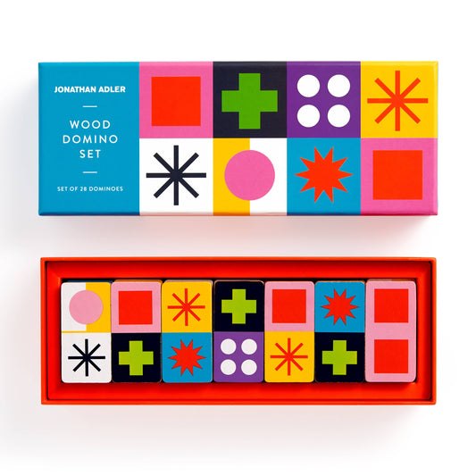 Jonathan Adler Helsinki Wood Domino Set with colorful dominoes featuring geometric shapes and Scandinavian design.