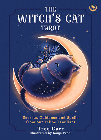 The Witchs Cat Tarot deck box featuring a cat on a crescent moon with stars and leaves.