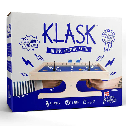 Klask 2 Player Version box with players hands, game board, and details on number of players and playtime.