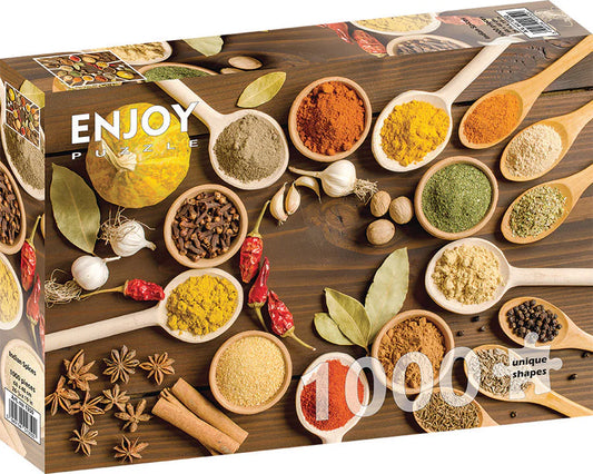 Indian Spices 1000 Piece Puzzle featuring turmeric, cinnamon, and assorted spices in wooden spoons on a table.