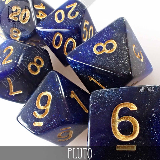 Pluto variant: dark blue speckled dice with gold numbers, packaged in a standard bottle.
