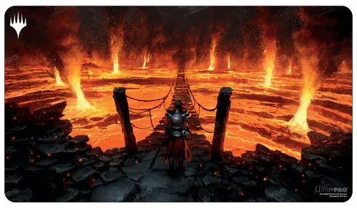 Virtue of Courage (WoE) Magic: The Gathering Playmat featuring a knight before a rope bridge over lava.