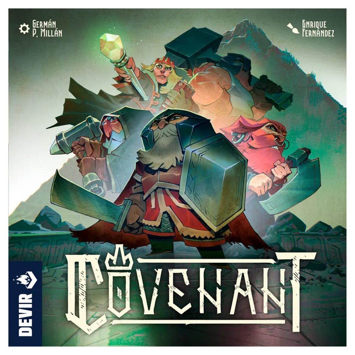 Covenant board game box featuring three armed fantasy warriors above the title Covenant in bold lettering.