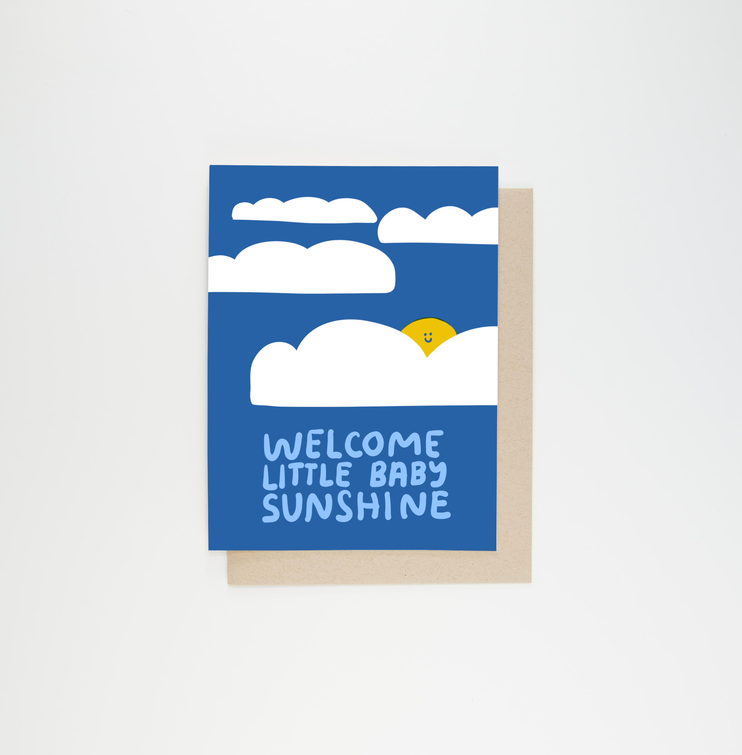 Welcome Baby Sunshine Card with blue sky, clouds, smiling sun, and Welcome Little Baby Sunshine. Includes kraft envelope.