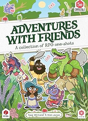Adventures with Friend RPG game cover featuring cartoon fantasy heroes in forest and cloud settings.