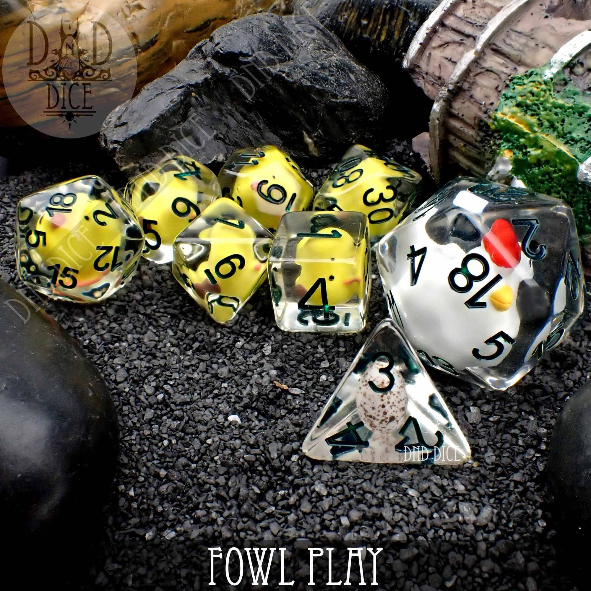 Fowl Play 8 Dice Set of clear resin dice with yellow chicks inside.