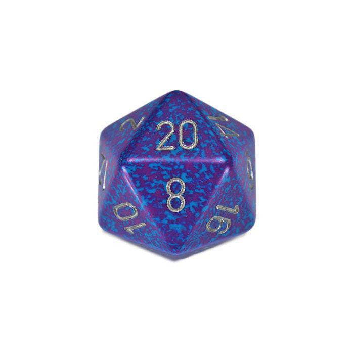 Giant 34mm blue and purple speckled D20 die with gold numbers, showing the number 8 on top.