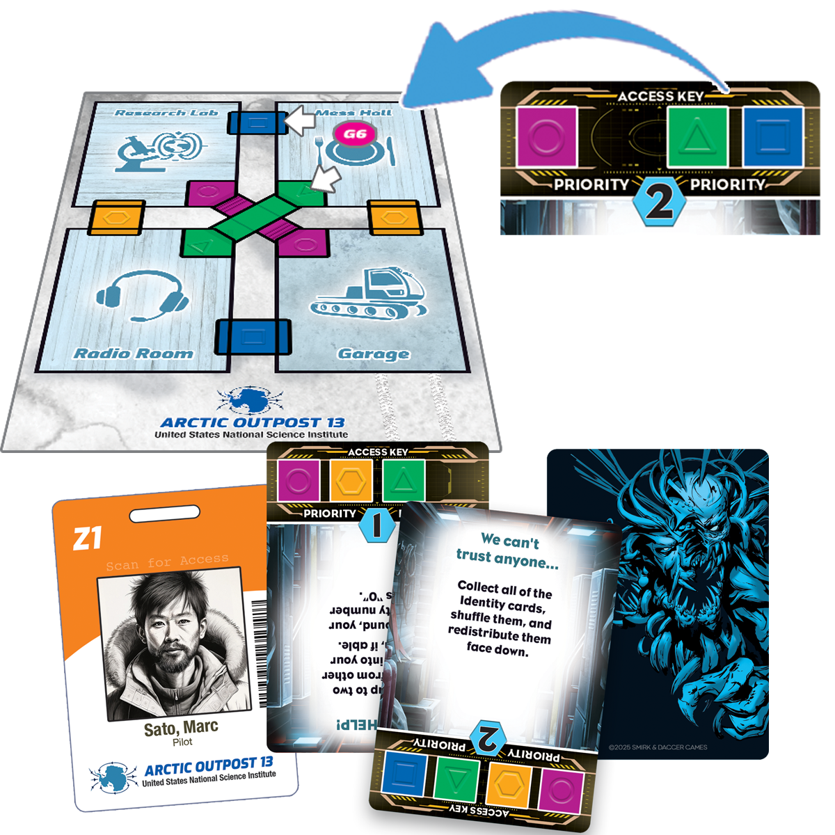 This Game is Killer: Frozen Horror components including map, ID card, and access cards for the party game.