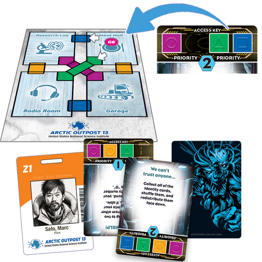 This Game is Killer: Frozen Horror components including map, ID card, and access cards for the party game.