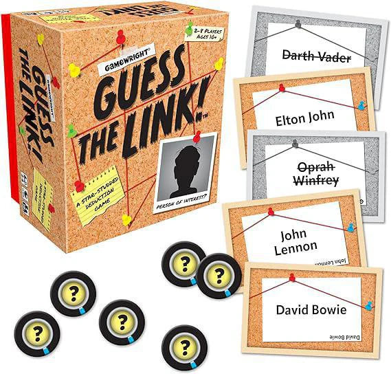 Guess the Link party game with cards displaying names such as Darth Vader, Oprah Winfrey, and David Bowie.