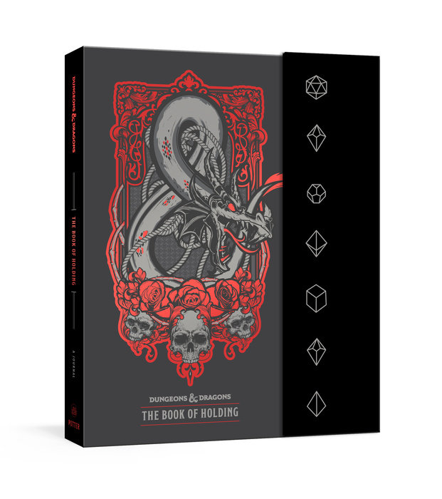 The Book of Holding Dungeons & Dragons Journal with dragon, skull, rose art, and dice symbols on the side.