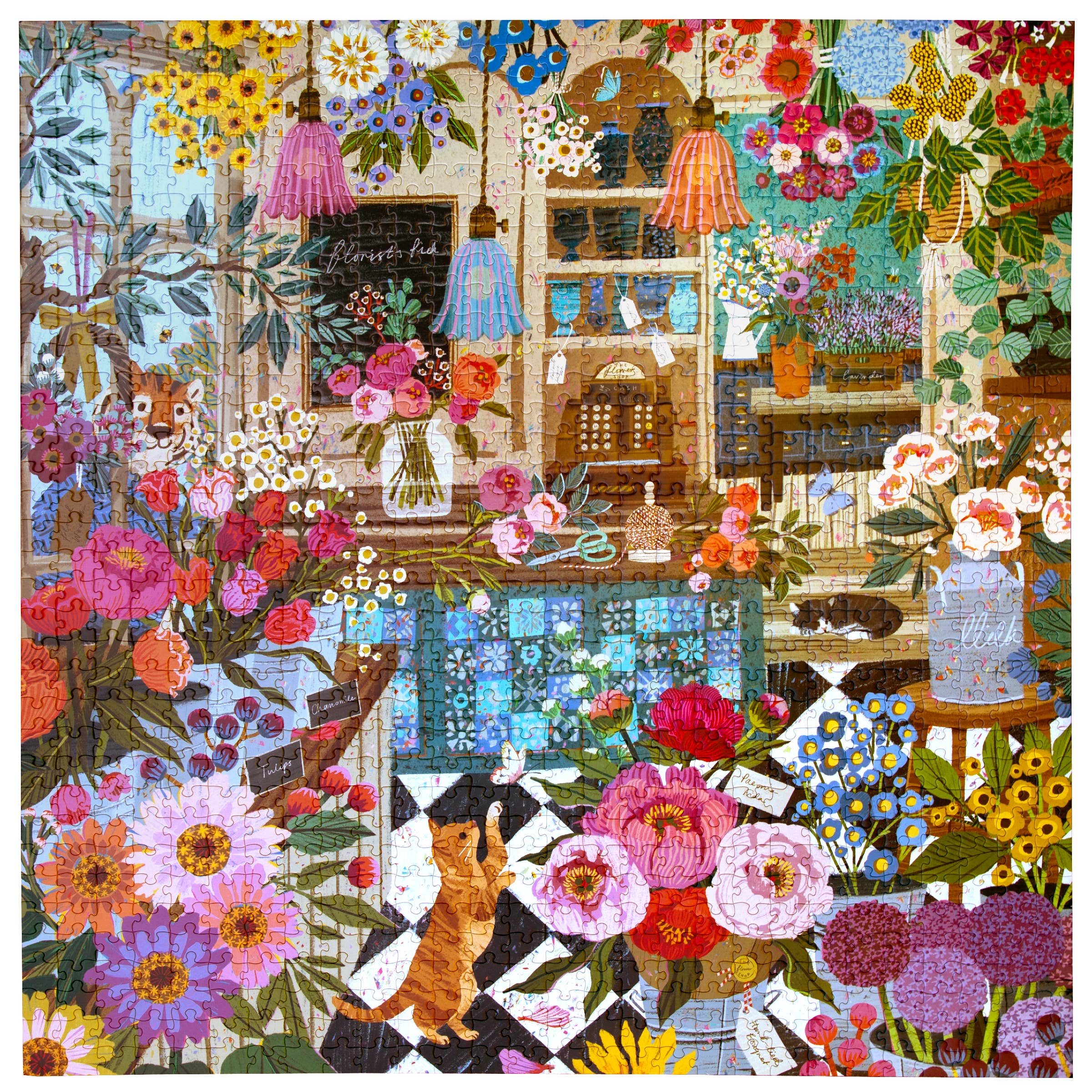 The English Flower Shop 1000 Piece Puzzle with colorful flowers, hanging lamps, cat, and scattered papers.
