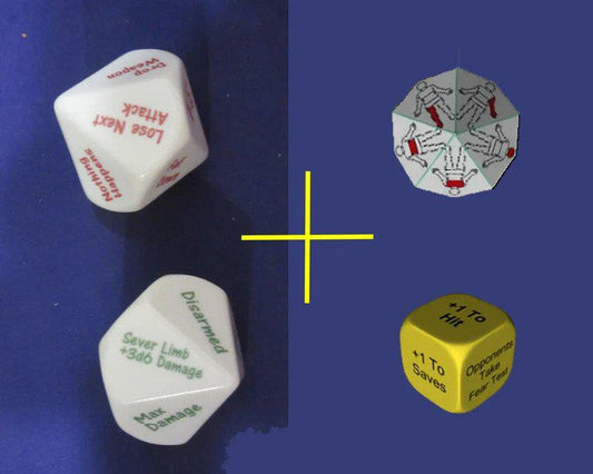 Critical Hit and Fumble Dice set, four multi-sided RPG dice with labeled action, fumble, and critical effects.