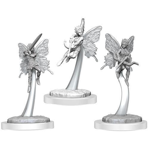 Three unpainted Pixies Nolzurs Marvelous Miniatures W20 with large wings and dynamic poses on round bases.