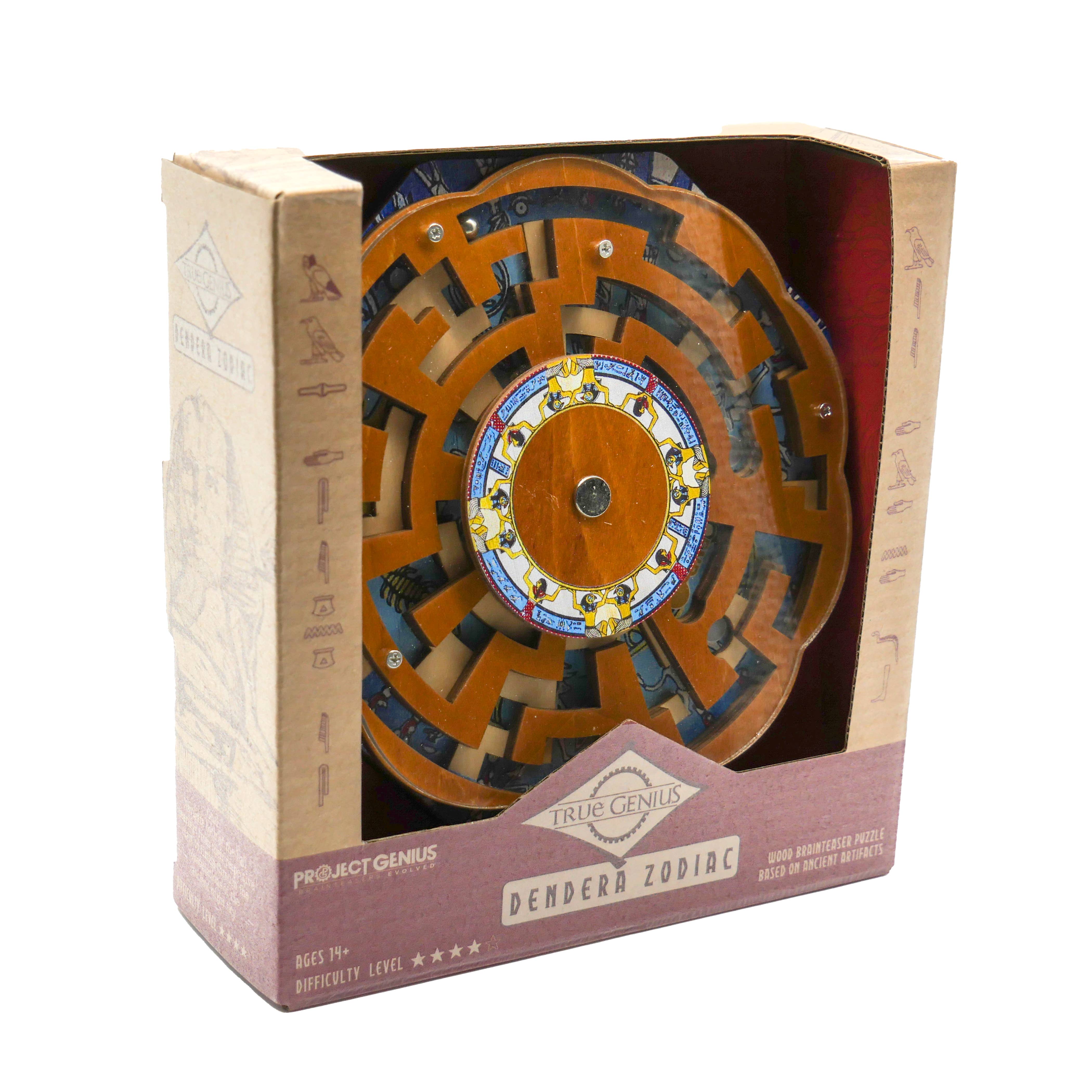 True Genius Dendera Shifting Maze, circular wooden puzzle with zodiac symbols and ball bearing mechanism.