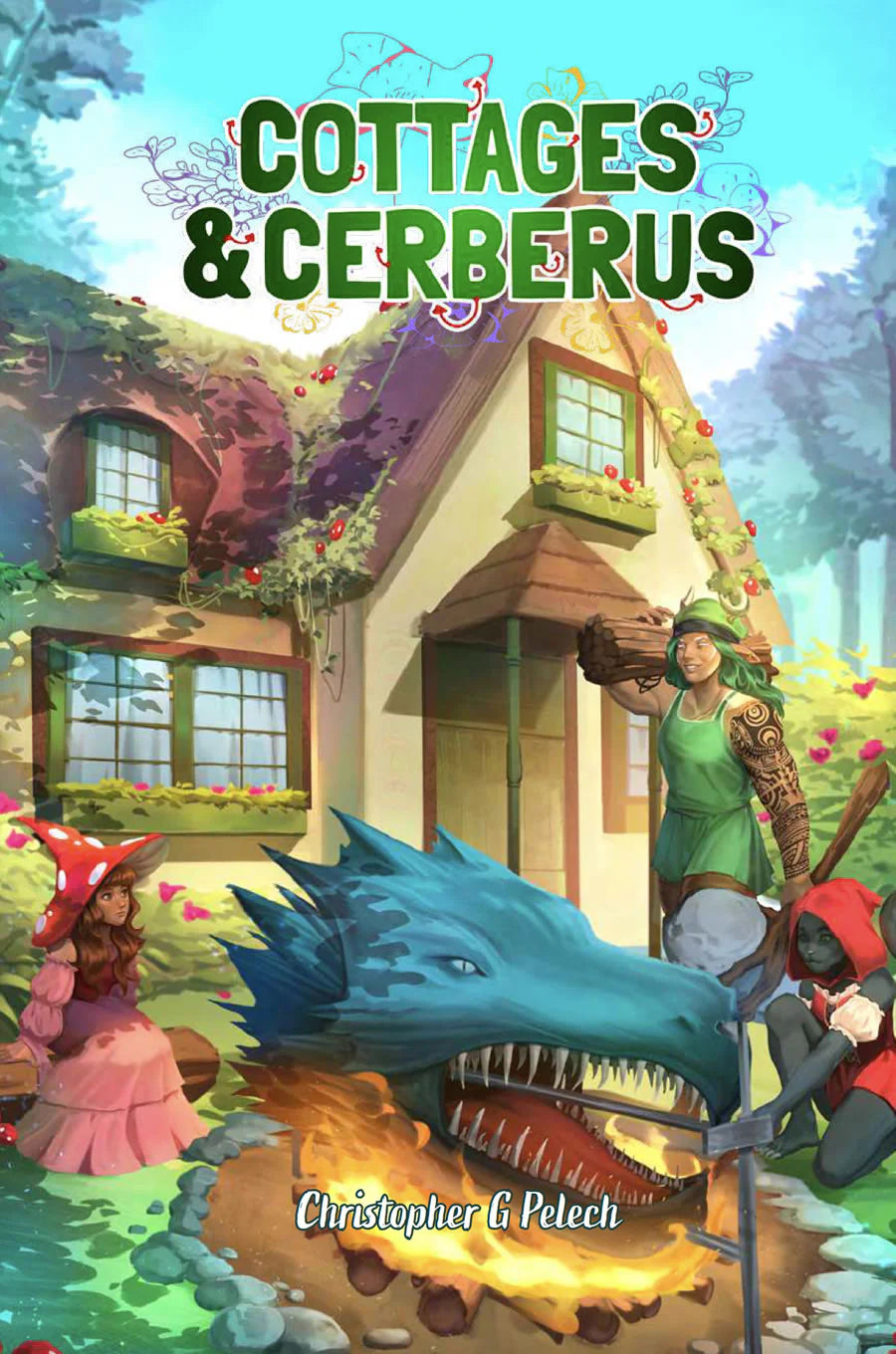 Cottages and Cerberus tabletop RPG book cover featuring three women, a dragon, and a green-roofed cottage.