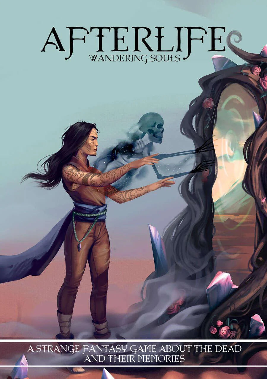 Afterlife: Wandering Souls fantasy game cover showing a tattooed woman touching a glowing mirror with a ghostly figure.