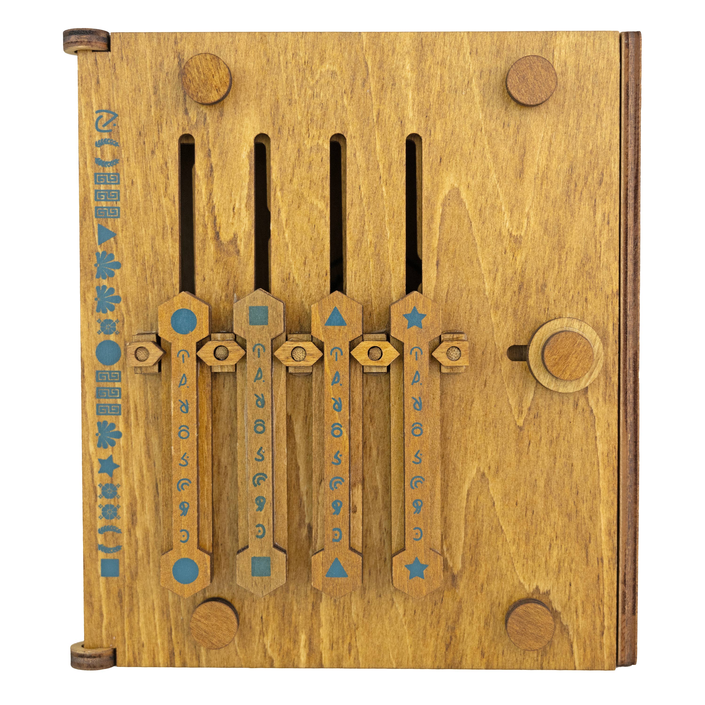 True Genius Caesars Codex Secret Puzzle Box with sliding levers, engraved symbols, and blue Roman-style patterns.