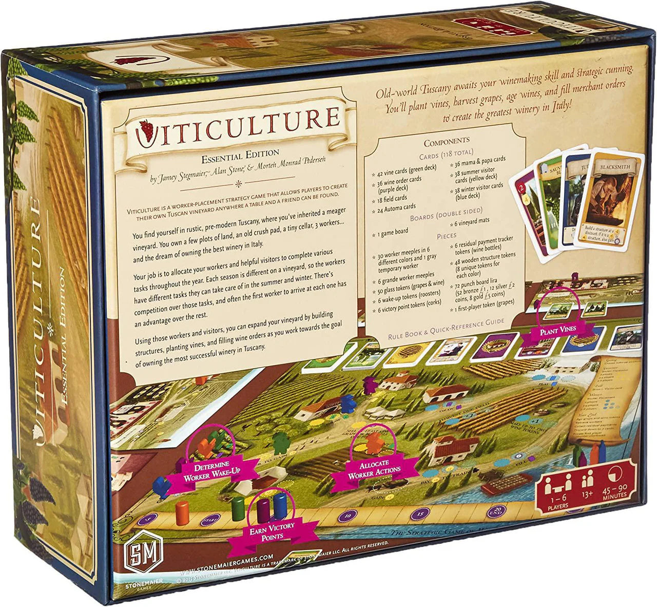 Back of Viticulture Essential Edition box with components, cards, and Tuscany winery gameplay overview.