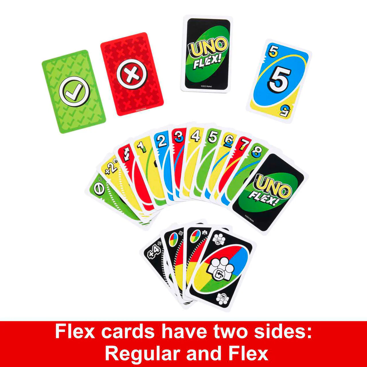 UNO Flex card set showing both Regular and Flex sides, with a red banner noting Flex cards have two sides.