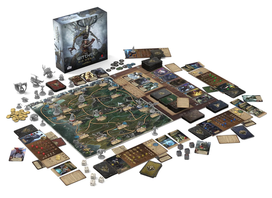 The Witcher Old World board game with map, cards, miniatures, coins, dice, tokens, and box shown.