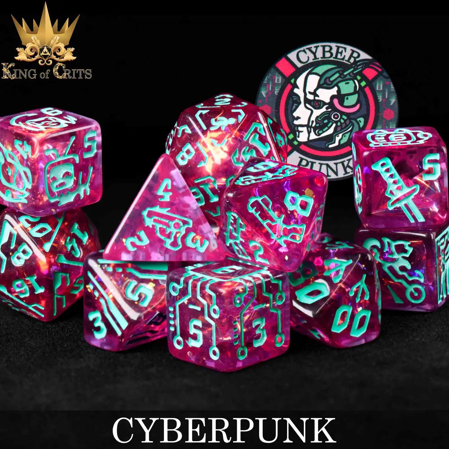 Cyberpunk 11 Dice Set with pink translucent dice, teal numbers, exclusive font, and Cyberpunk logo.