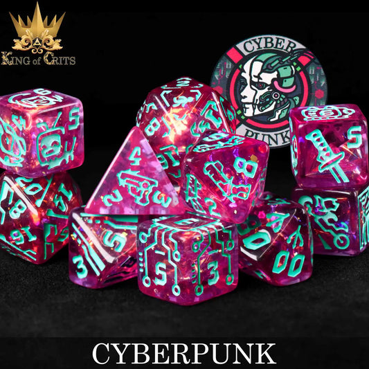 Cyberpunk 11 Dice Set with pink translucent dice, teal numbers, exclusive font, and Cyberpunk logo.