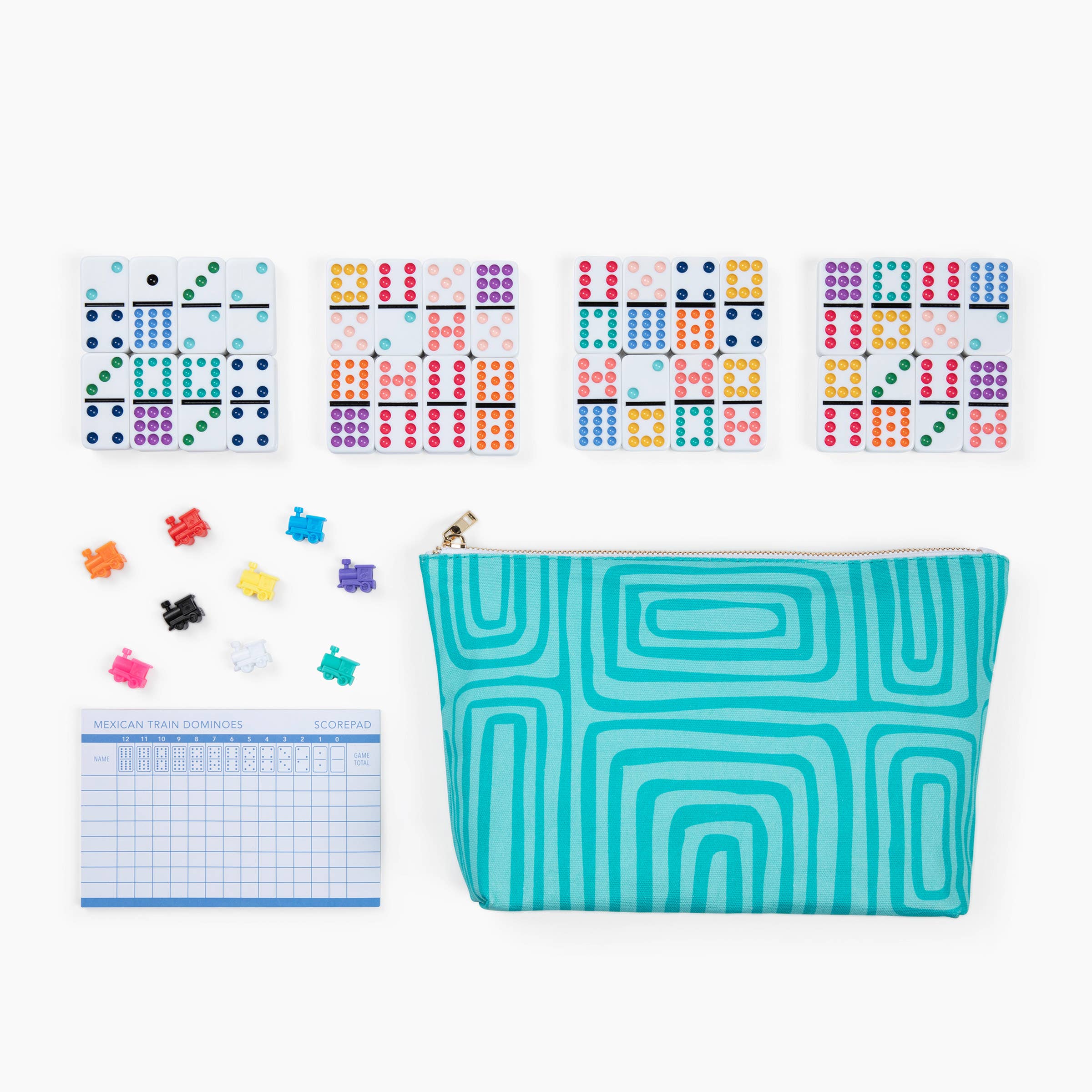 Canvas Classics Mexican Train Dominoes set with pouch, 4 grids, 8 train tokens, scorepad, and double-12 dominoes.