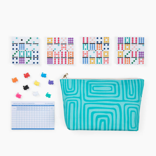 Canvas Classics Mexican Train Dominoes set with pouch, 4 grids, 8 train tokens, scorepad, and double-12 dominoes.