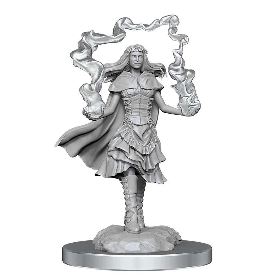 W21 Dark Spellcaster & Flameskulls mini with mage in cape and dress conjuring flames, D&D Nolzur’s Miniatures.