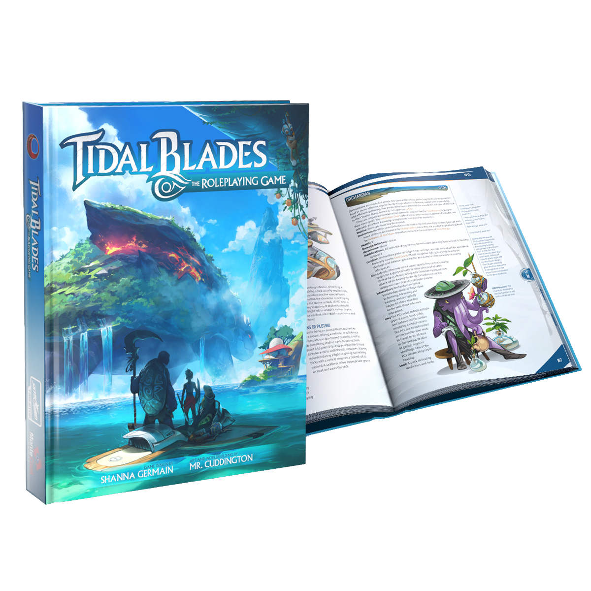 Tidal Blades: RPG box and open book showing fantasy-themed illustrations and characters.