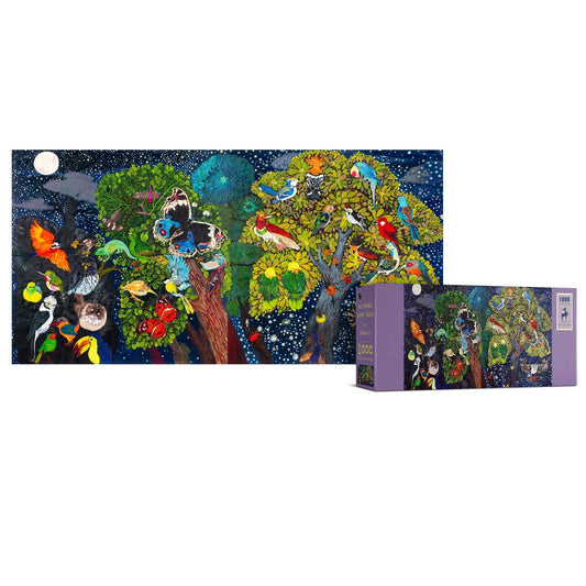 1000 piece Mid Summer Night Dream jigsaw puzzle by Enzhao Liu featuring colorful birds in trees at night with a full moon.