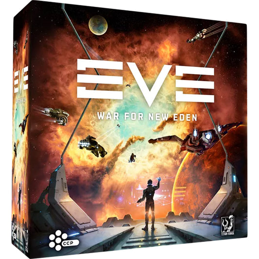 EVE: War for New Eden - Core Box packaging with spaceships and a figure on a cosmic background.