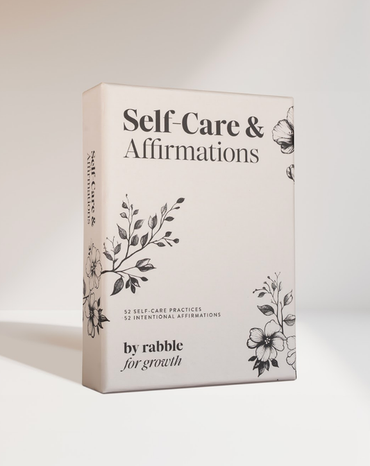 Self-Care & Affirmations box with intention cards and black text on a white background.