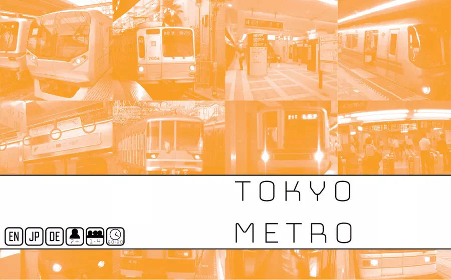 Tokyo Metro board game featuring orange trains, stations, game title, and train line investment icons.