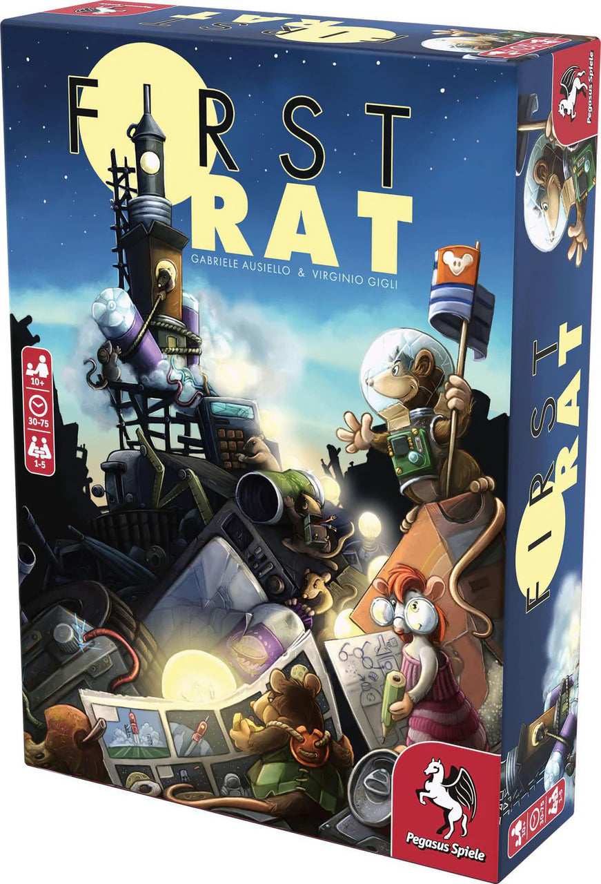 First Rat board game box featuring cartoon rats assembling a rocket from junk.