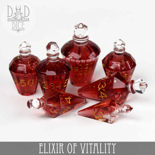 Seven red potion bottle-shaped dice with gold numbers, Elixir of Vitality (Handmade) Dice Set.